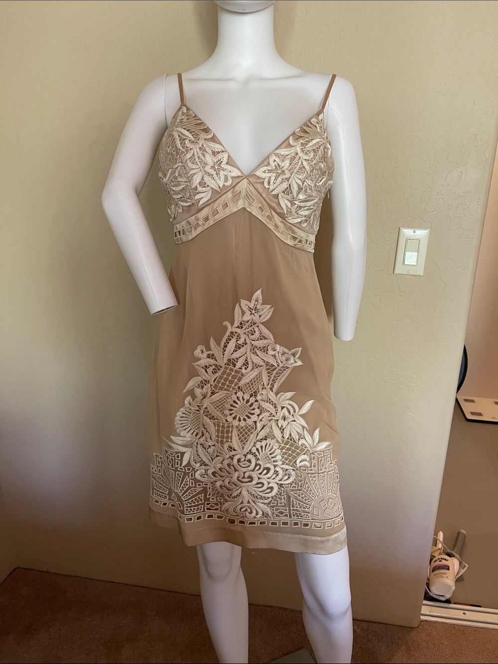 Sue Wong Embroidered Silk Slip Dress | Nude Beige | Size 6